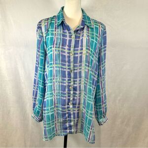 Worthington long sleeve purple and aqua plaid print button down top size 8